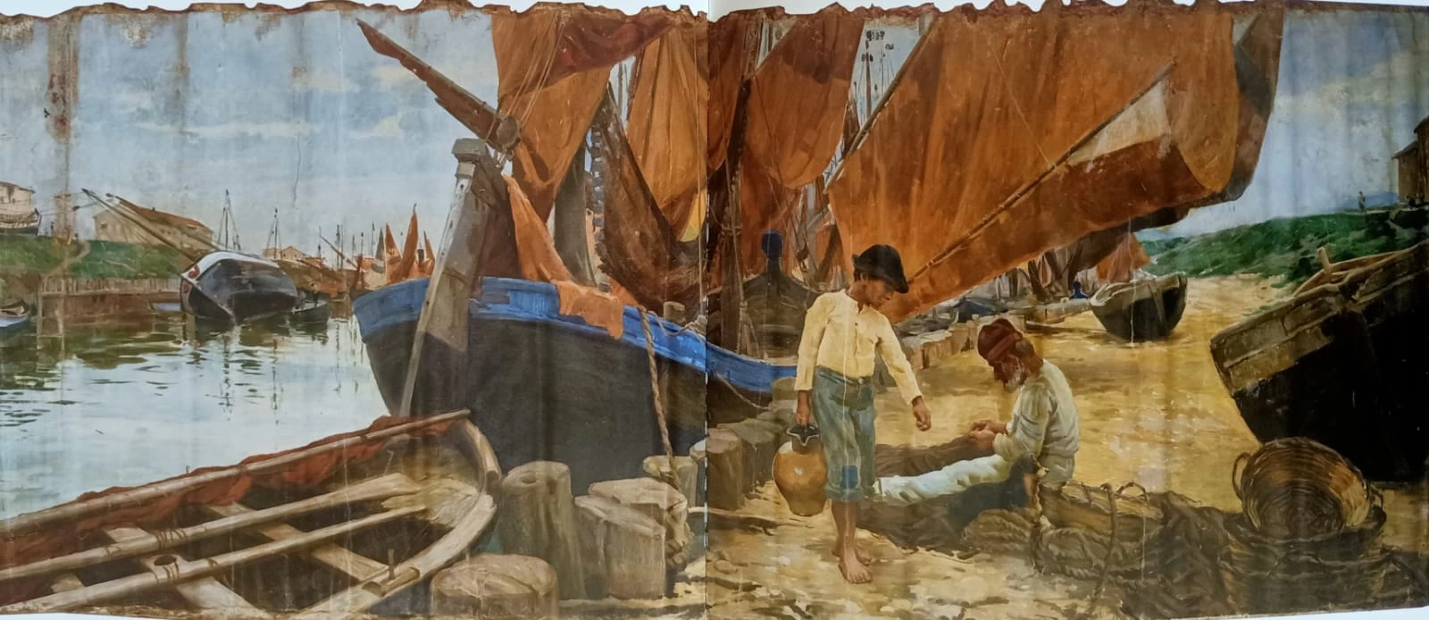 Valle di Comacchio con lavoriero. La riparazione delle reti - Crea, prima del restauro